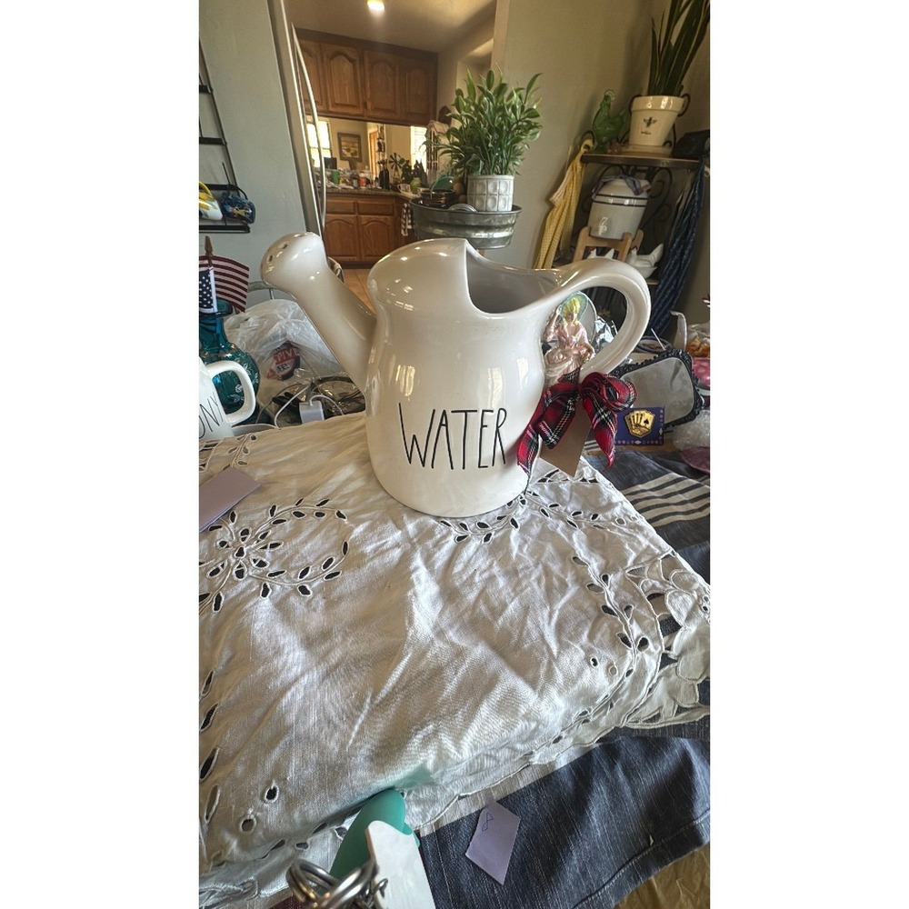 Rae Dunn WATER watering can large tartan ribbon